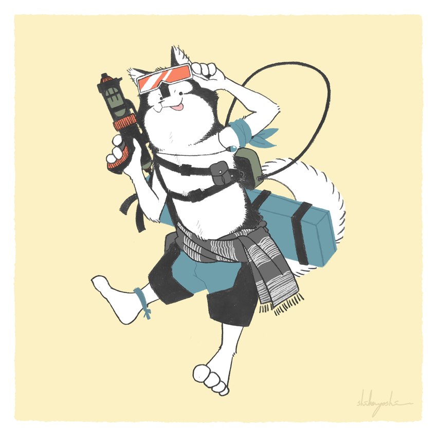 anthro black_body black_fur fur gun holding_gun holding_object holding_ranged_weapon holding_weapon kemono male ranged_weapon shirtless_anthro shirtless_male slim slim_anthro slim_male solo sunglasses_removed weapon white_body white_fur young young_anthro young_male shikayoshi sub20211115 canid canine canis domestic_dog mammal shiba_inu spitz 1:1 2022 absurd_res hi_res