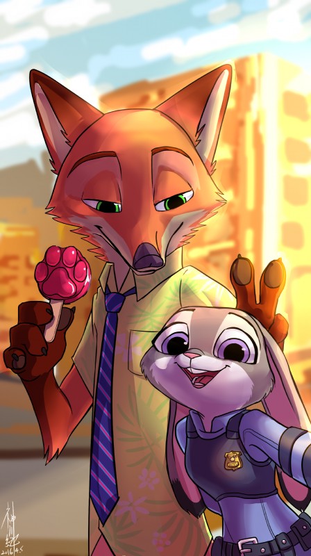 anthro buckteeth bunny_ears_(gesture) claws cloud day detailed_background duo female food fur gesture green_eyes grey_body grey_fur holding_food holding_object holding_popsicle humor long_ears male outside pawpads pawpsicle popsicle purple_eyes selfie size_difference sky smile teeth akiya-kamikawa disney zootopia judy_hopps nick_wilde canid canine fox lagomorph leporid mammal rabbit red_fox true_fox 2016 absurd_res digital_media_(artwork) hi_res