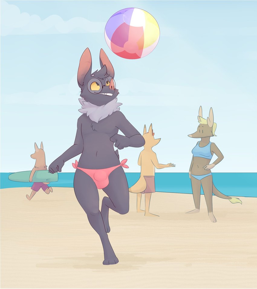 anthro ball beach beach_ball bikini bikini_thong bulge clothing eyewear female glasses grey_body group inflatable male male_focus neck_tuft seaside surfboard swimming_trunks swimwear tuft two-piece_swimsuit yellow_eyes fauvfox sean-zee_petit bat mammal digital_media_(artwork) hi_res shaded