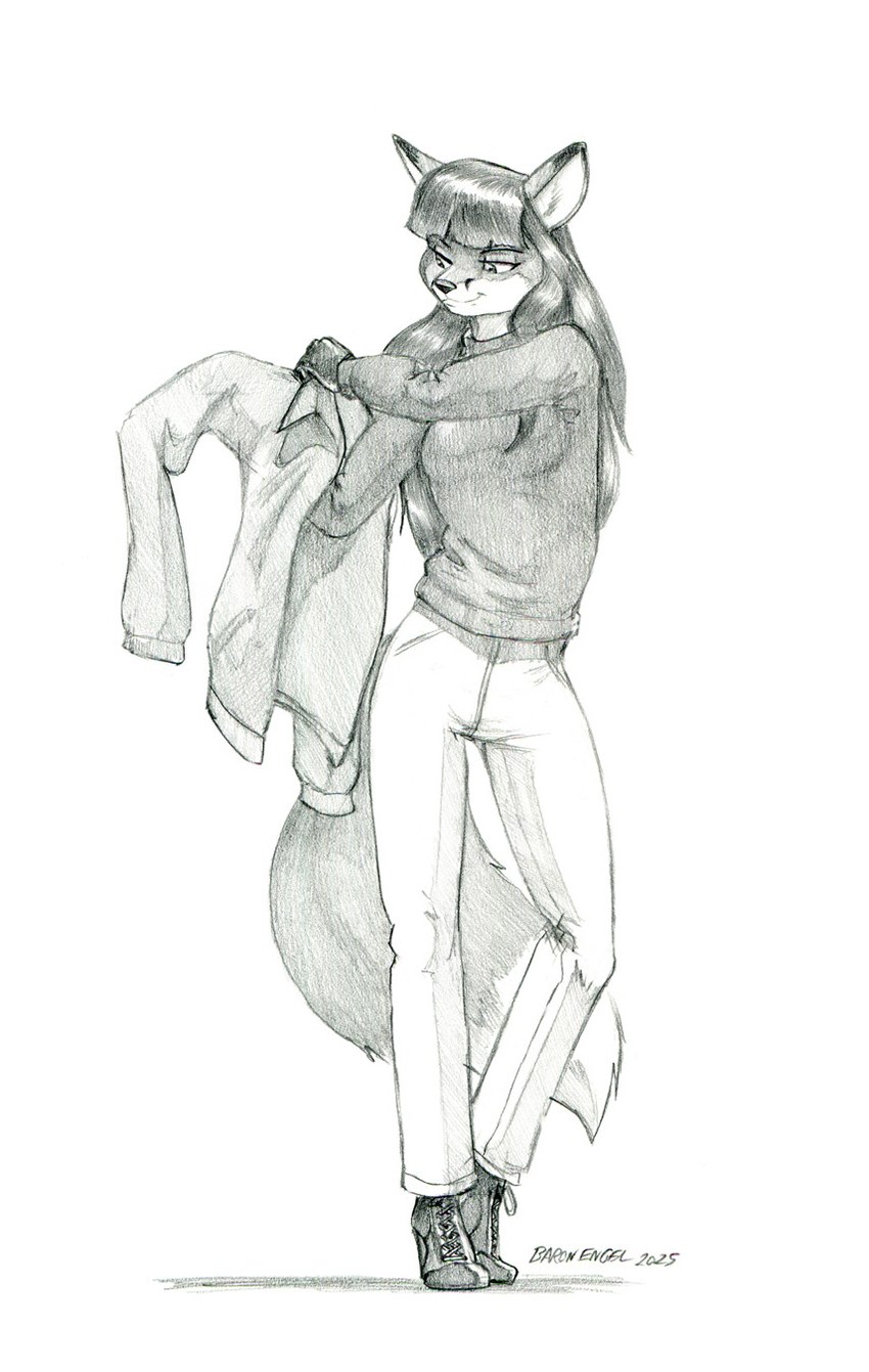 anthro breasts clothed clothing coat dipstick_ears dipstick_tail ear_markings female footwear hair half-closed_eyes long_hair markings multicolored_ears narrowed_eyes shoes solo tail tail_markings topwear baron_engel canid canine fox mammal red_fox true_fox 2025 hi_res