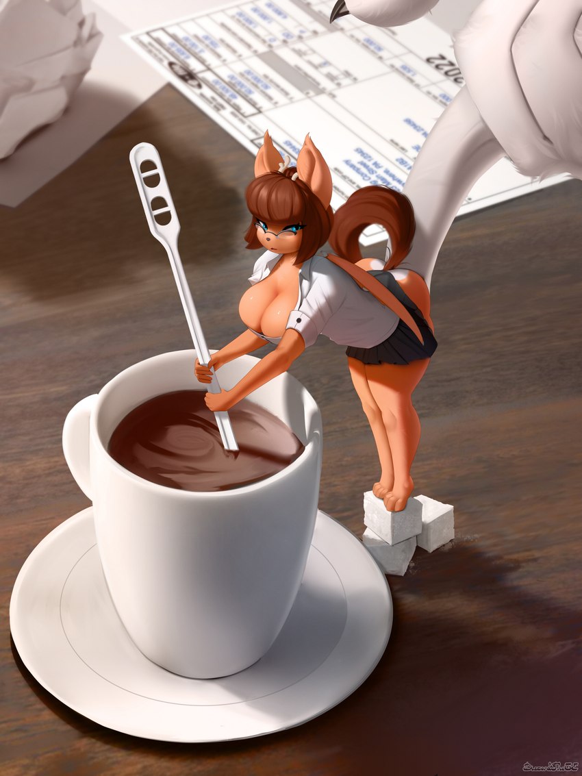 ambiguous_gender anthro beverage breasts brown_hair butt claws cleavage cleavage_overflow clothed clothed_anthro clothed_female clothing coffee detailed_background duo extreme_size_difference female female/ambiguous female_anthro hair membrane_(anatomy) membranous_wings micro office secretary size_difference smaller_anthro smaller_clothed smaller_female solo_focus student sugar sugar_cube unprofessional_behavior wings discordthege lunette_(lunebat) salem_(discordthege) bat deer hybrid mammal 2023 3:4 hi_res female_(lore) male_(lore)