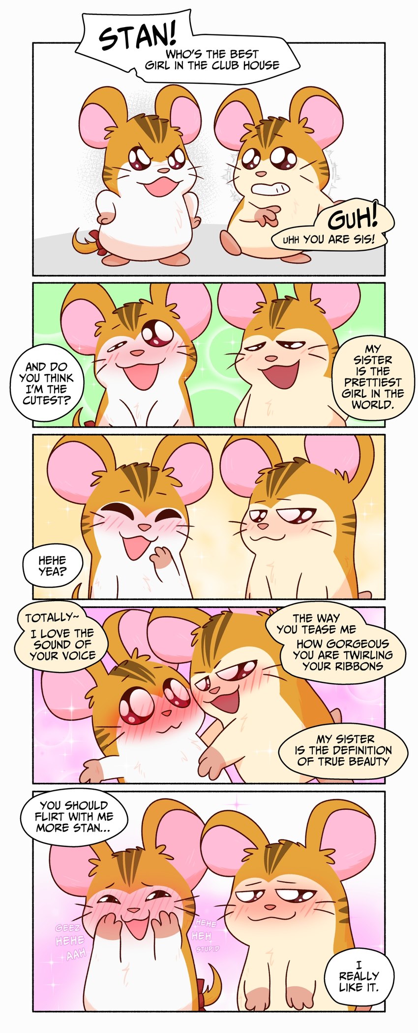 anthro biped blush casual_nudity dialogue featureless_crotch female female_anthro male male_anthro nude nude_anthro nude_female nude_male romantic romantic_couple speech_bubble text crushpepper hamtaro_(series) sandy_(hamtaro) stan_(hamtaro) cricetid hamster mammal rodent absurd_res cel_shading comic digital_drawing_(artwork) digital_media_(artwork) english_text hi_res shaded incest_(lore)