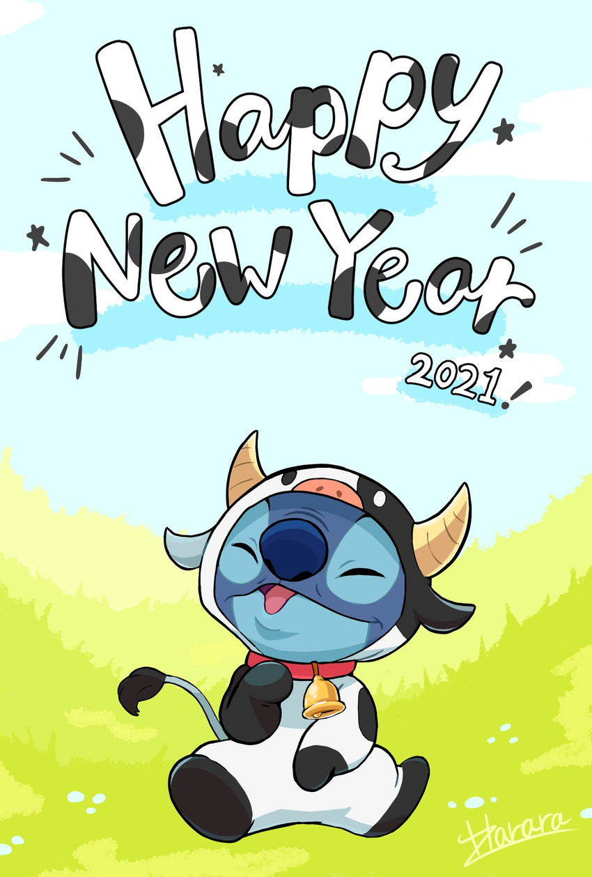 bell bell_collar blue_nose clothed clothing collar costume eyes_closed happy holiday_message holidays open_mouth sitting smile solo text harara chinese_zodiac disney lilo_and_stitch new_year year_of_the_ox stitch_(lilo_and_stitch) alien bovid bovine cattle experiment_(lilo_and_stitch) mammal 2021 english_text hi_res signature