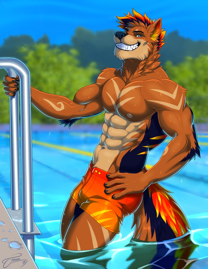 abs anthro arm_tuft biceps blue_body blue_countershading blue_eyes blue_tail blurred_background climbing_ladder clothing countershading detailed_background dripping ear_tuft elbow_tuft fire flaming_hair flaming_tail fur fur_markings grin hair hand_on_hip long_tail male markings multicolored_hair multicolored_tail muscular muscular_anthro muscular_male neck_tuft nipples orange_clothing orange_hair orange_swimming_trunks orange_swimwear orange_tail pecs pool_ladder pose pseudo_hair showing_teeth smile solo swimming_pool swimming_trunks swimwear tail tan_body tan_countershading tan_fur tan_markings triceps tuft water wet white_body feralise kaniya canid canine canis mammal wolf 2024 digital_media_(artwork) digital_painting_(artwork) hi_res pinup portrait three-quarter_portrait watermark