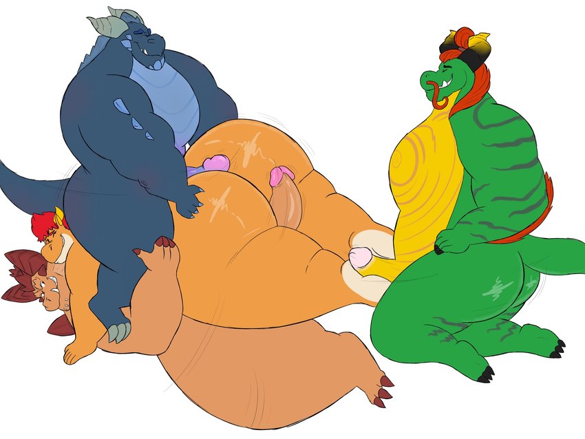 anthro big_butt blue_body butt genitals green_body group group_sex hair hair_bun horn hot_dogging huge_butt male male/male nude orange_body orange_hair overweight overweight_anthro overweight_male penis red_hair sex simple_background tail white_background megacoolbear_(artist) activision mythology spyro_reignited_trilogy spyro_the_dragon bubba_(spyro) lucio_(lucio_soliz) magnus_(spyro) rescued_dragons_(spyro) useni_(spyro) dragon mythological_creature mythological_scalie scalie 4:3 hi_res