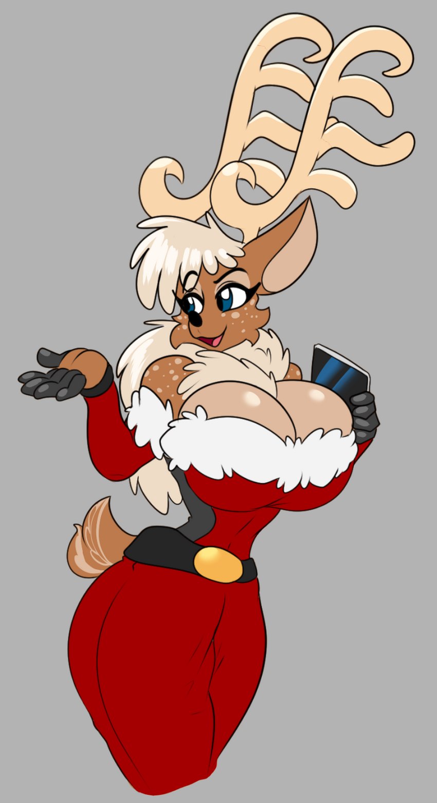 anthro antlers big_breasts breasts cleavage clothed clothing female holidays horn huge_breasts solo tablet_computer solratic christmas dancer_(reindeer) deer mammal new_world_deer reindeer hi_res