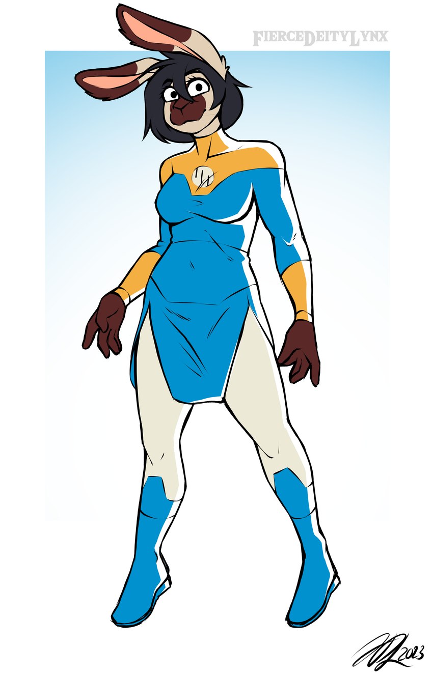 breasts clothed clothing eyebrow_through_hair eyebrows eyelashes front_view fully_clothed gradient_background hair hair_between_eyes looking_at_viewer medium_breasts medium_hair simple_background superhero superhero_costume text translucent translucent_hair fiercedeitylynx image_comics invincible_(image_comics) lagomorph leporid mammal rabbit viltrumite 2023 absurd_res artist_name character_request hi_res signature