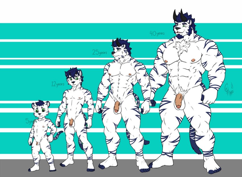 abs age_difference age_progression anthro balls biceps foreskin fur genitals glans group horn humanoid_genitalia humanoid_penis male male/male muscular muscular_anthro muscular_male muscular_young nipples nude partially_retracted_foreskin pecs penis retracted_foreskin slim smile tail white_body white_fur young hunterramirez toboe_(toboe2) felid mammal pantherine tiger