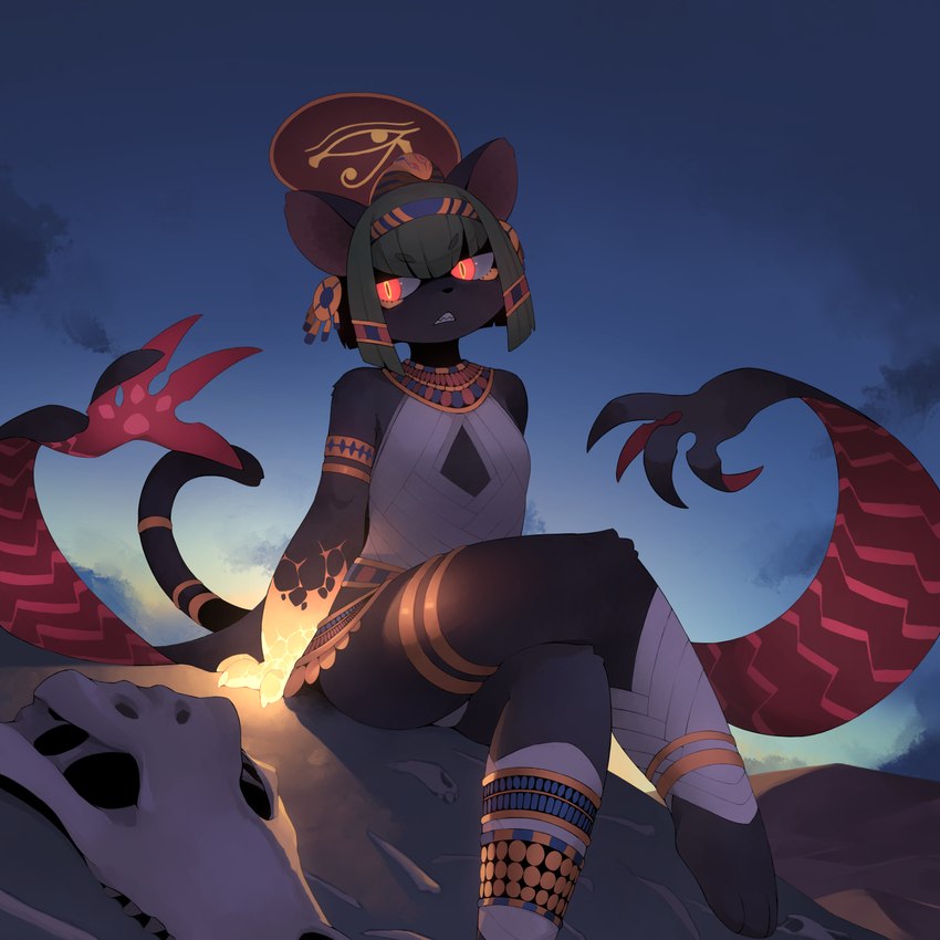 anthro barefoot bone clothed clothing desert egyptian egyptian_clothing feet female female_anthro flat_chested fur hair kemono night outside sand skull sky solo tail toes kamukamu6392 egyptian_mythology middle_eastern_mythology mythology sekhmet deity felid feline mammal 1:1 2023 digital_media_(artwork) hi_res