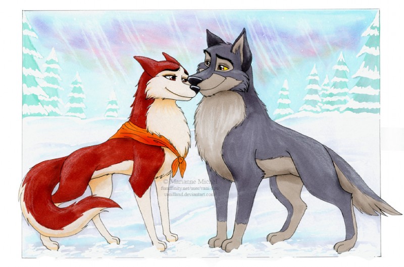 canon_couple clothing duo female feral happy kerchief looking_at_another male male/female plant romantic romantic_couple smile smiling_at_another smiling_at_partner snow tail tree vani-fox balto_(series) universal_studios balto jenna_(balto) canid canine canis domestic_dog husky hybrid mammal nordic_sled_dog spitz wolf wolfdog