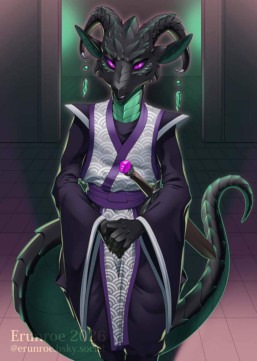 accessory annoyed black_body clothing fantasy_clothing female furgonomics hairless horn horn_accessory long_sleeves melee_weapon pink_eyes purple_clothing sword tail thick_tail weapon erunroe kobold scalie hi_res