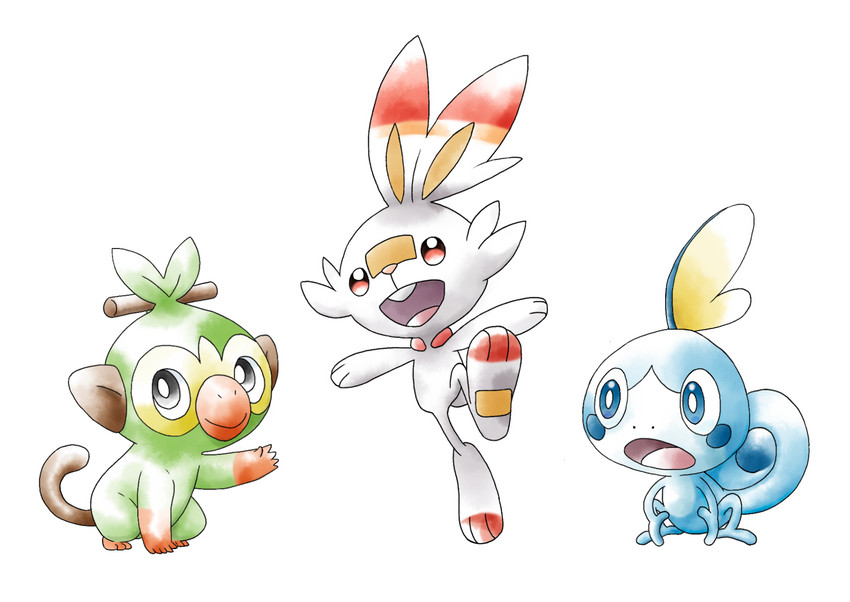 ambiguous_gender feral fur group looking_at_viewer open_mouth red_eyes smile style_emulation teeth white_body white_fur cosmo_(artist) nintendo pokemon generation_8_pokemon grookey lagomorph mammal pokemon_(species) primate reptile scalie scorbunny sobble 2020 hi_res