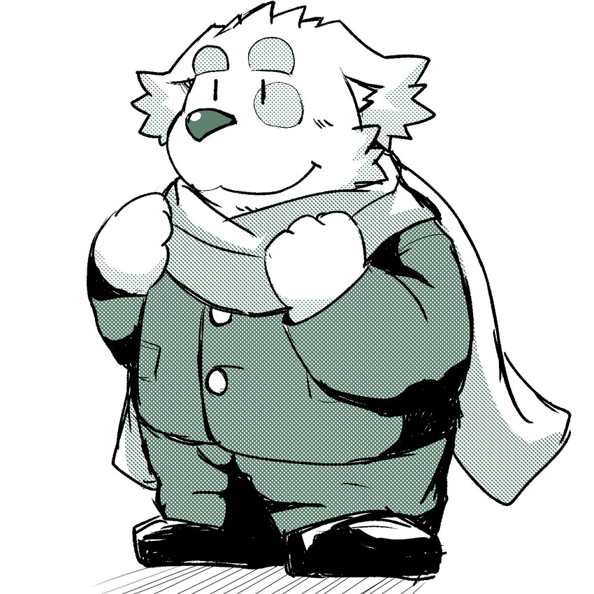 anthro blush bottomwear chibi clothing kemono male overweight overweight_anthro overweight_male pants scarf shirt simple_background solo topwear white_background emufu lifewonders tokyo_afterschool_summoners cu_sith_(tas) canid canine canis domestic_dog mammal 1:1 2017 hi_res