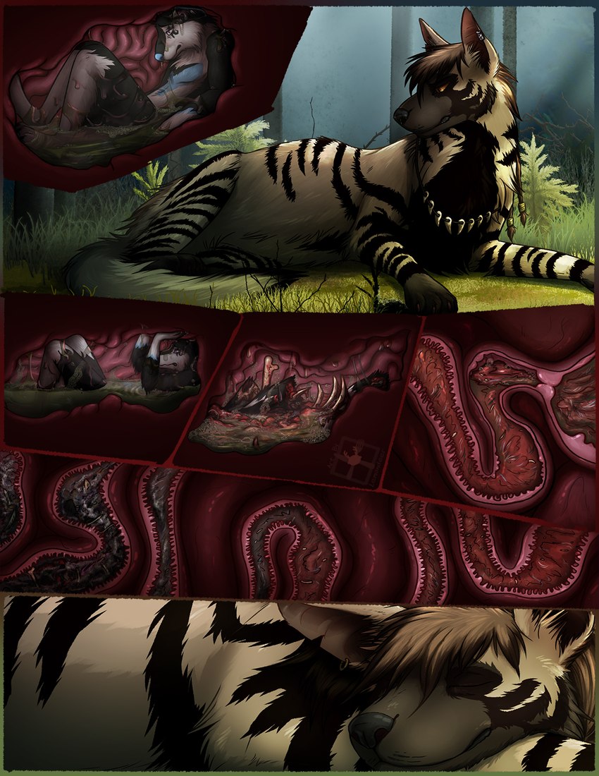 abdominal_bulge anthro belly bodily_fluids death detailed_internal digestion digestion_sequence duo fatal_vore feral forest forest_background fur gore guts hair internal intestines male male/male nature nature_background open_mouth oral_vore organs plant saliva size_difference smaller_male stomach teeth tree vore lemondeer canid canine canis hyena mammal striped_hyena wolf comic digital_media_(artwork) hi_res