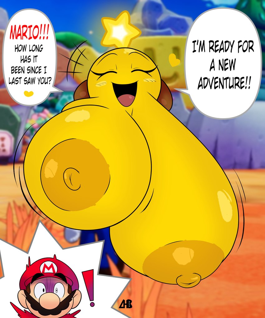 areola big_breasts breasts brown_areola brown_nipples clothing dialogue duo exclamation_point eyes_closed facial_hair female hat headgear headwear heart_symbol huge_breasts hyper hyper_breasts male mustache nipples not_furry open_mouth question question_mark speech_bubble text yellow_body hiroberserk mario_and_luigi_(series) mario_bros nintendo mario starlow human mammal star_sprite waddling_head 2024 absurd_res colored digital_drawing_(artwork) digital_media_(artwork) english_text hi_res