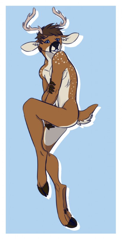 anthro antlers blue_eyes border brown_body brown_fur embarrassed fur hair horn male nude simple_background smile solo teeth white_body white_border white_fur lethargicdeer tzarious deer mammal new_world_deer white-tailed_deer hi_res