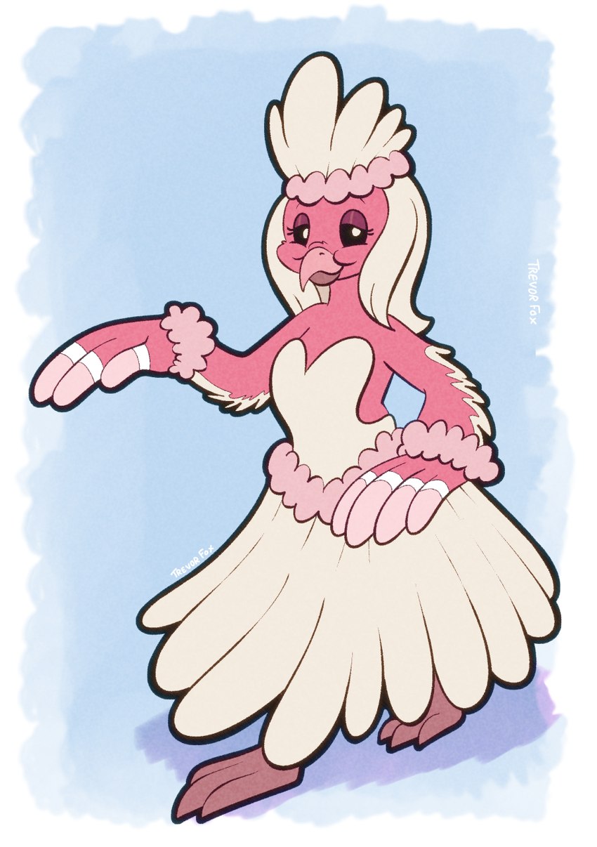 anthro beak black_eyes feet pink_body pokemorph smile smiling_at_viewer talons toes trevor-fox nintendo pokemon avian generation_7_pokemon oricorio pa'u_oricorio pokemon_(species) hi_res