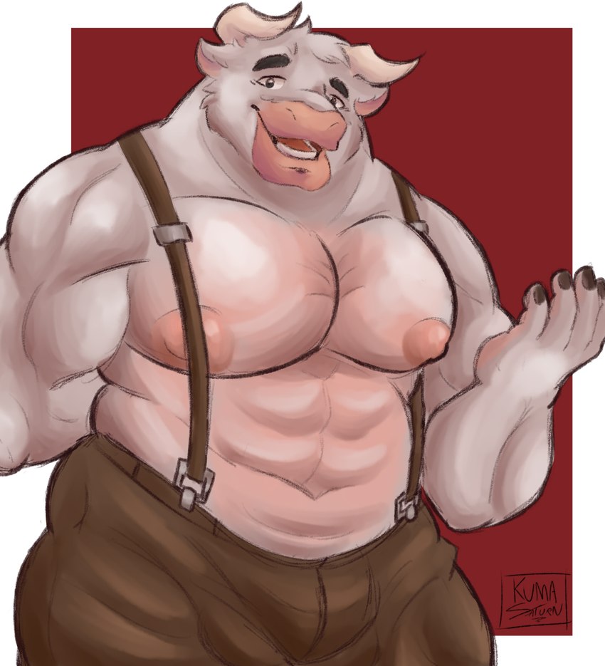 abs anthro belly biceps bottomwear bulge clothing fur horn looking_at_viewer male musclegut muscular muscular_anthro muscular_male nipples pants pecs simple_background slightly_chubby slightly_chubby_anthro slightly_chubby_male smile solo suspenders white_body white_fur kumasaturn2 european_mythology greek_mythology minotaur_hotel mythology asterion_(minotaur_hotel) bovid bovine mammal minotaur hi_res shaded simple_shading