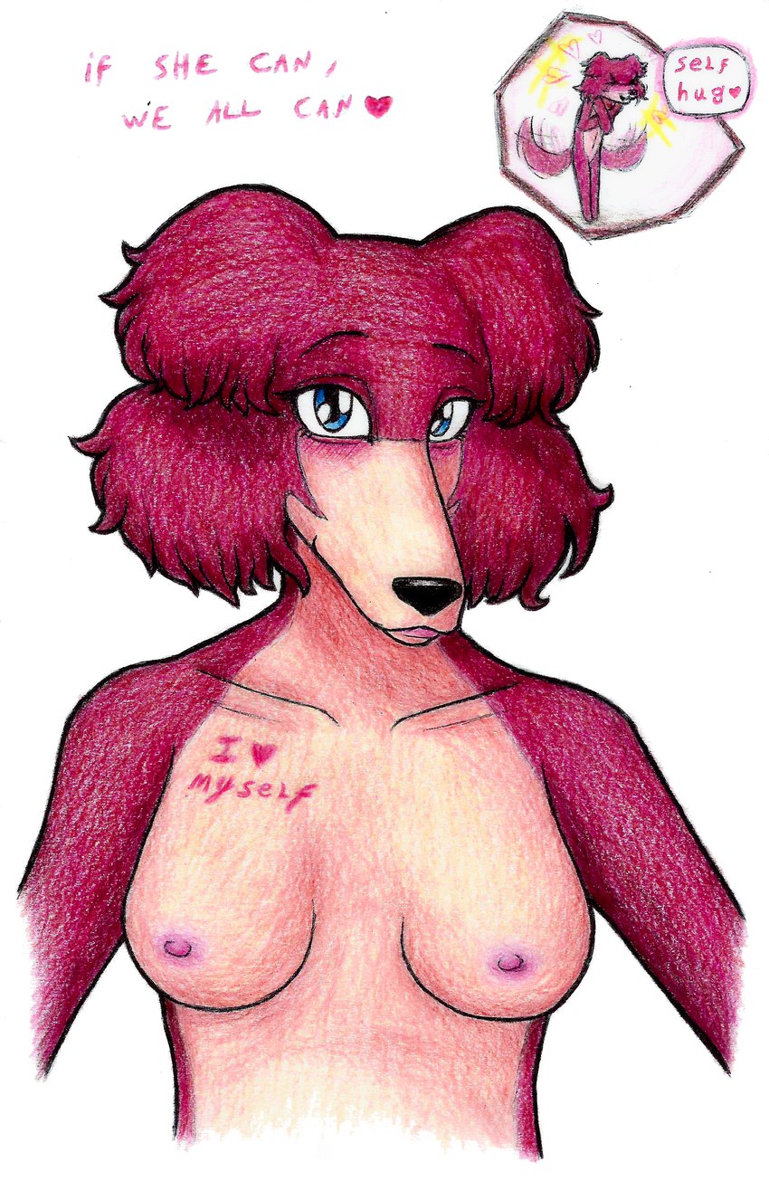 anthro blue_eyes blush breasts casual_nudity chest_fur female front_view fur happy hug i_love_myself innocence lips looking_at_viewer nipples nude proud self_hug self_love simple_background smile solo standing text tunk_saray_lovesta beastars juno_(beastars) canid canine canis mammal wolf absurd_res half-length_portrait hi_res portrait