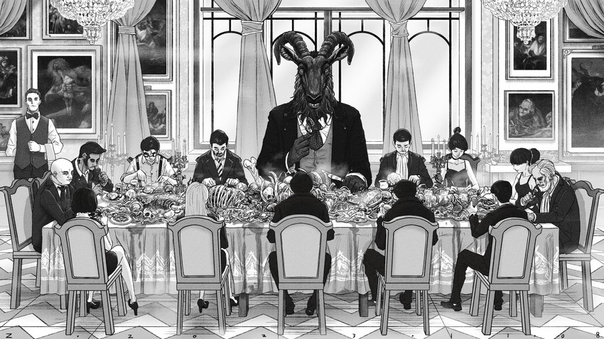 anthro bald banquet beard biped bone candle cannibalism chair chandelier clothed clothing curtains eyebrows facial_hair female fingers food fur furniture group hair horizontal_pupils horn larger_anthro male meat painting pupils size_difference skull smaller_human text window hagou522 saturn_devouring_his_son bovid caprine caprine_demon demon goat_demon human mammal 16:9 2023 absurd_res english_text hi_res monochrome widescreen