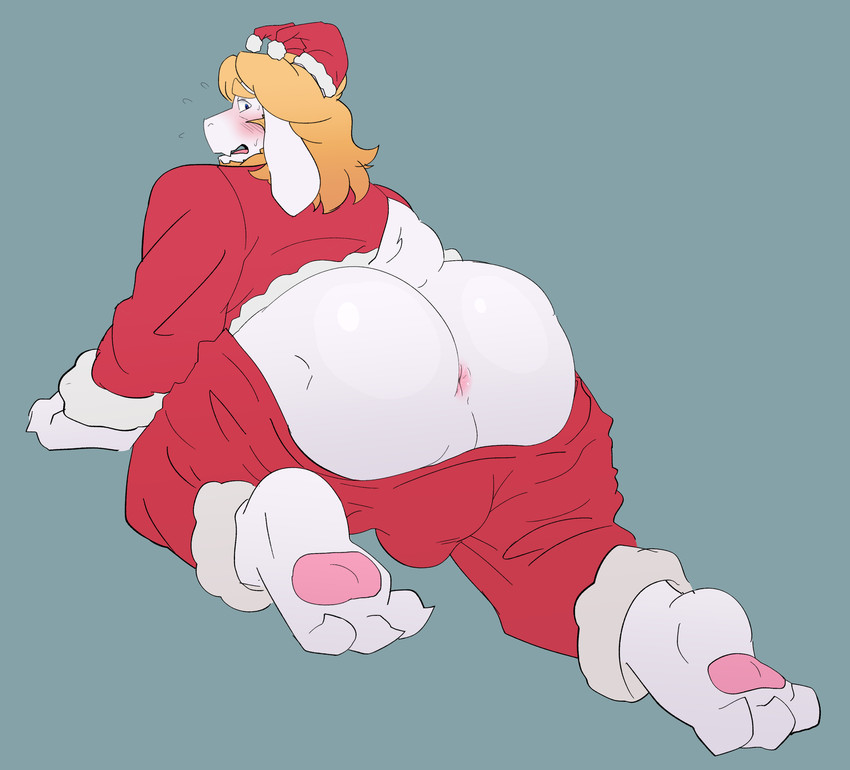 3_toes anthro anus barazoku big_butt biped blonde_hair blush bulge butt clothed clothing embarrassed facial_hair feet fur genitals hair holidays horn long_ears looking_at_viewer male mature_anthro mature_male penis presenting presenting_hindquarters simple_background solo toes white_body redeyedgazer christmas undertale undertale_(series) asgore_dreemurr santa_claus boss_monster_(undertale) bovid caprine mammal 2019 absurd_res digital_media_(artwork) hi_res