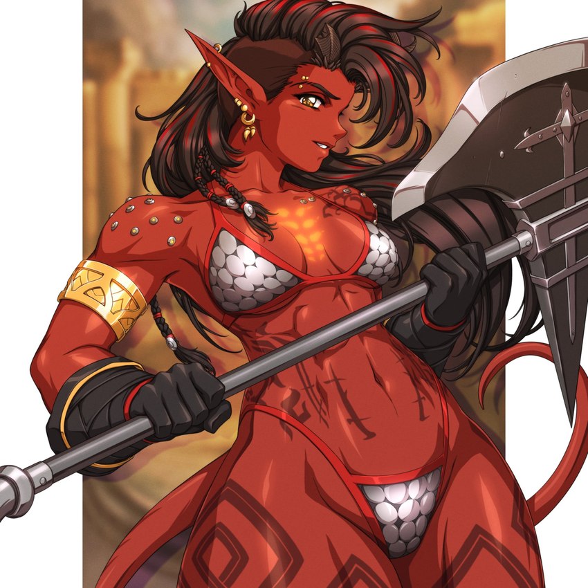 armlet armor athletic athletic_female axe battle_axe bikini_armor black_hair braided_hair breasts clothing collarbone ear_piercing ear_ring eyebrow_piercing eyebrows eyelashes facial_piercing female gloves hair handwear highlights_(coloring) horn humanoid_pointy_ears navel not_furry piercing pointy_ears red_body red_highlights red_skin ring_piercing solo tattoo unconvincing_armor yellow_eyes sirknightbot baldur's_gate baldur's_gate_3 dragon's_crown larian_studios vanillaware amazon_(dragon's_crown) karlach horned_humanoid humanoid tiefling 1:1 2024 hi_res