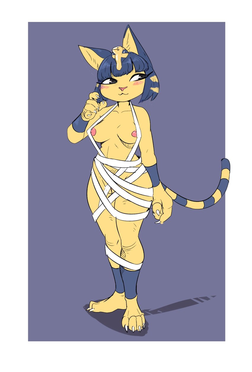 anthro barely_visible_genitalia barely_visible_pussy blush breasts claws clothing egyptian egyptian_clothing erect_nipples female genitals looking_aside looking_away mummy_wrappings nipples pussy simple_background solo standing jokoifu animal_crossing nintendo ankha_(animal_crossing) domestic_cat felid feline felis mammal 2020 hi_res