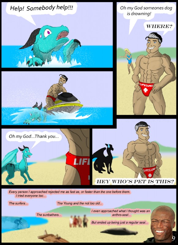 abs anthro beach claws clothing dialogue female feral horn inner_monologue jetski lifeguard male muscular outside seaside swimwear tail text text_on_clothing text_on_swimwear thinking rastaban_coal mythology leiks dragon human mammal mythological_creature mythological_scalie scalie comic english_text hi_res