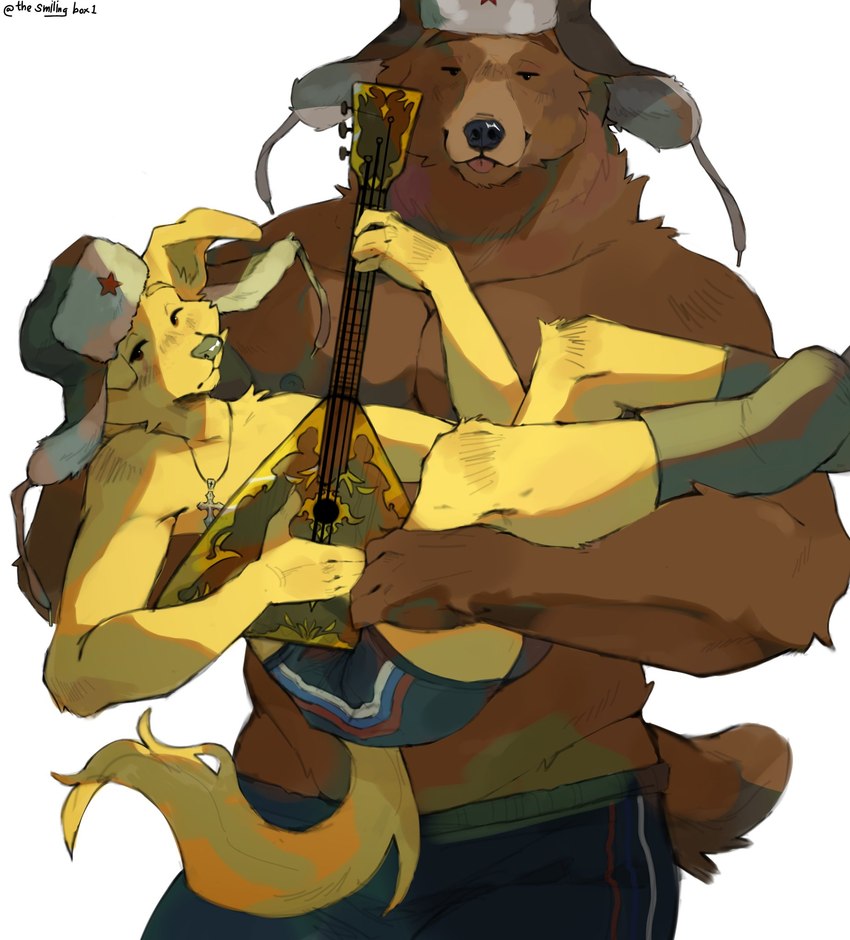 anthro balalaika biped blep bottomwear bridal_carry brown_body brown_fur carrying_another carrying_partner clothing cross cross_necklace duo front_view fur half-closed_eyes hat headgear headwear holding_musical_instrument holding_object jewelry looking_at_another male musical_instrument narrowed_eyes necklace nipples pecs plucked_string_instrument red_star russian shirtless shorts simple_background standing string_instrument tongue tongue_out ushanka v-cut white_background yellow_body yellow_fur thesmilingbox tom_(thesmilingbox) bear bird_dog canid canine canis domestic_dog golden_retriever hunting_dog mammal retriever 2023 hi_res portrait three-quarter_portrait