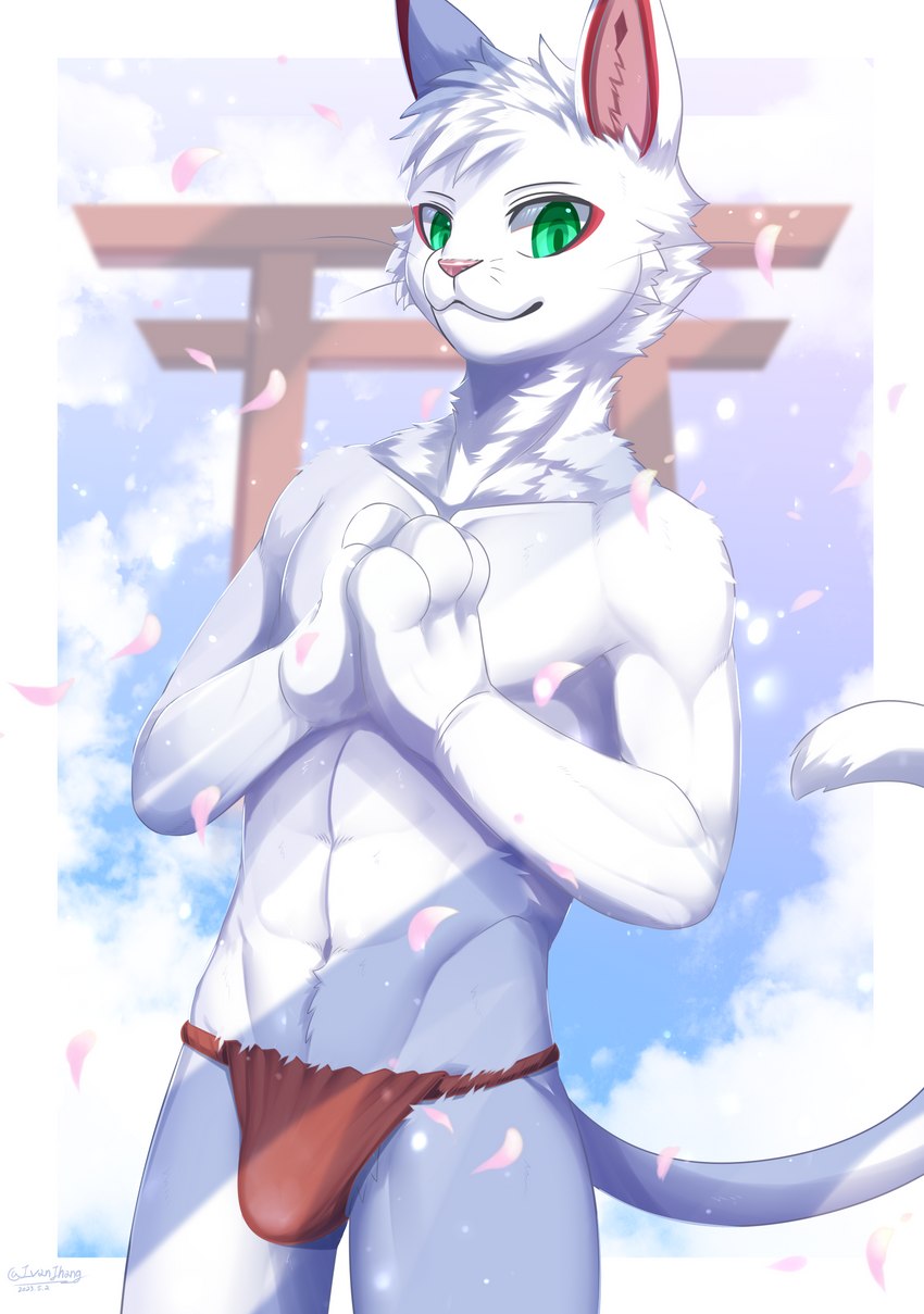 anthro bulge clothed clothing featureless_crotch fur green_eyes japanese_architecture looking_at_viewer male red_clothing red_underwear smile solo topless topless_anthro underwear white_body white_fur ivan-jhang felid feline mammal 2023 absurd_res hi_res