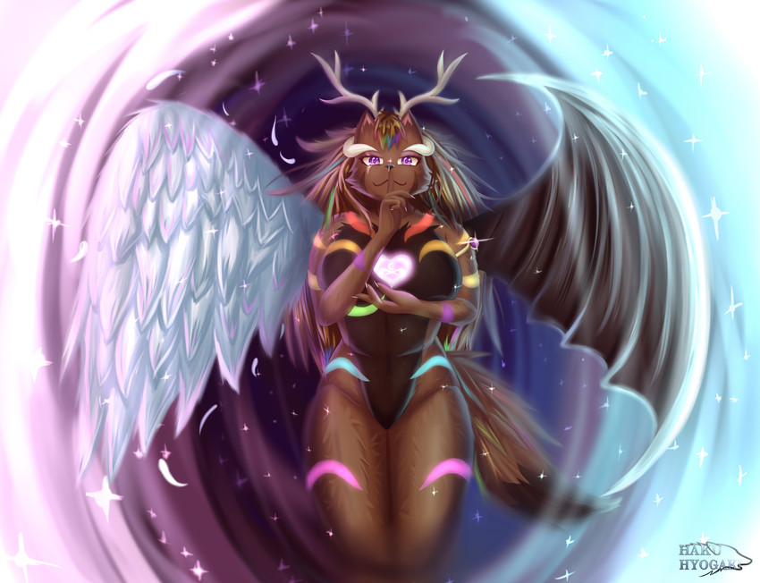 anthro big_breasts breasts brown_body brown_fur brown_hair feathered_wings feathers featureless_breasts female fur hair horn jewelry nude purple_eyes solo wings hakuhyogaki hellscythe_sparkle hybrid mammal hi_res