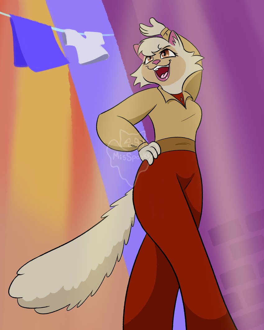 anthro bottomwear brown_eyes clothing dancing female fur lipstick makeup outside pants shirt solo topwear white_body white_fur misspooks cats_don't_dance warner_brothers sawyer_(cats_don't_dance) domestic_cat felid feline felis mammal 4:5 absurd_res hi_res