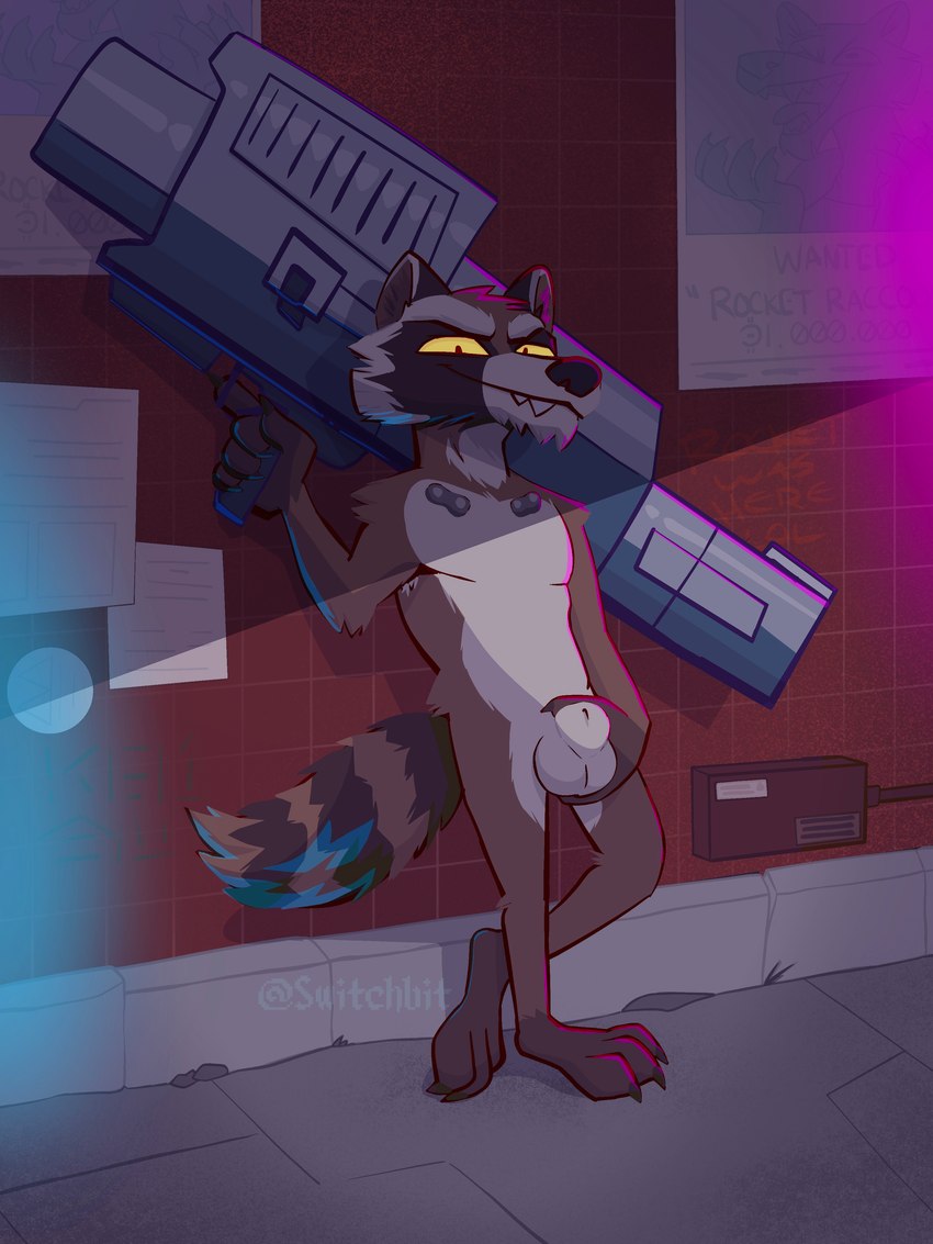 alley animal_genitalia anthro balls biped feet fur genitals groping_crotch looking_at_viewer male nude ranged_weapon self_grope sheath solo tail teeth toes weapon yellow_eyes switchbit guardians_of_the_galaxy marvel rocket_raccoon mammal procyonid raccoon 3:4 absurd_res digital_media_(artwork) hi_res