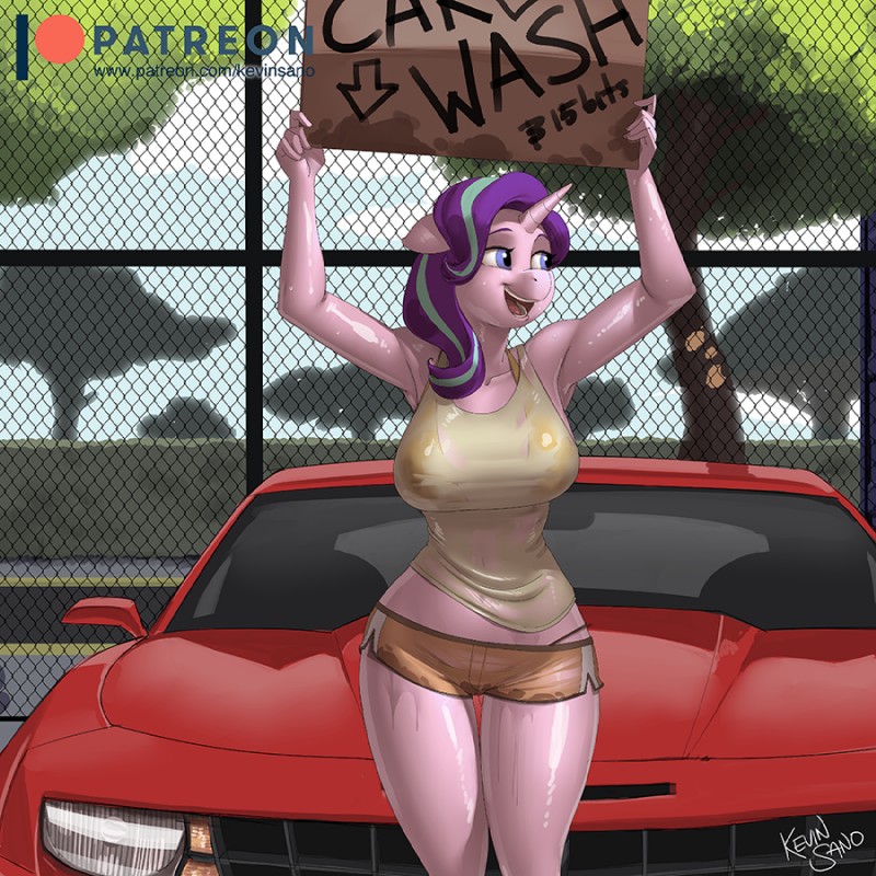 anthro anthrofied big_breasts blue_eyes bottomwear breasts car car_wash clothed clothing cloud dolphin_shorts female hair horn huge_breasts long_hair multicolored_hair nipple_outline open_mouth open_smile outside patreon_logo plant shirt shorts sign sky smile solo text topwear translucent translucent_clothing tree two_tone_hair vehicle website_logo wet wet_clothing wet_shirt wet_topwear kevinsano chevrolet chevrolet_camaro friendship_is_magic hasbro my_little_pony mythology patreon starlight_glimmer_(mlp) equid equine mammal mythological_creature mythological_equine unicorn 1:1 2017 english_text url