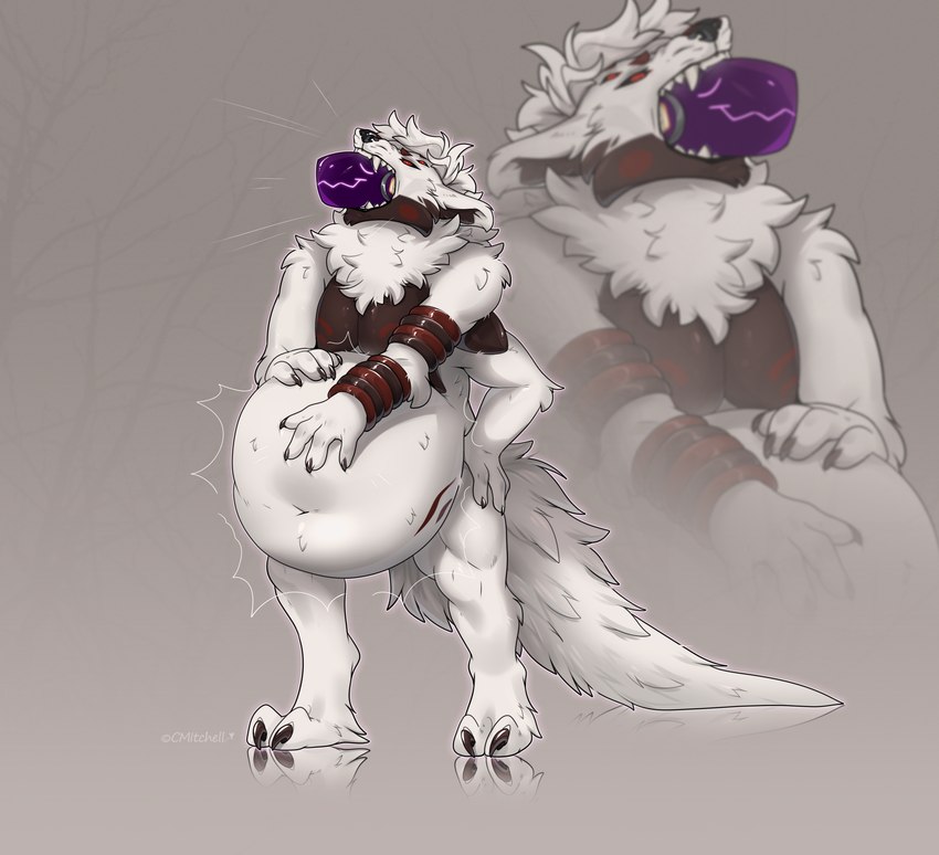 anthro appliance belly big_belly claws duo fur kitchen_appliance long_tail machine male open_mouth paws purple_face red_eyes scales tail toaster vore white_body white_fur cmitchell protogen absurd_res hi_res