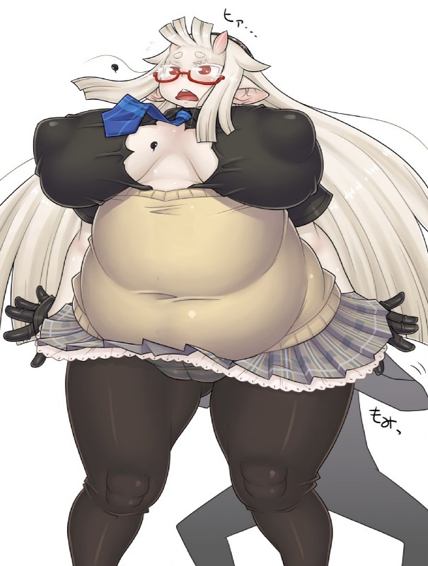 big_breasts blush breasts camel_toe cleavage clothed clothing duo eyewear female glasses horn looking_at_viewer male not_furry overweight startled thick_thighs namu_gunsou asian_mythology east_asian_mythology japanese_mythology mythology chikurako_kanoeki demon human mammal oni yokai hi_res