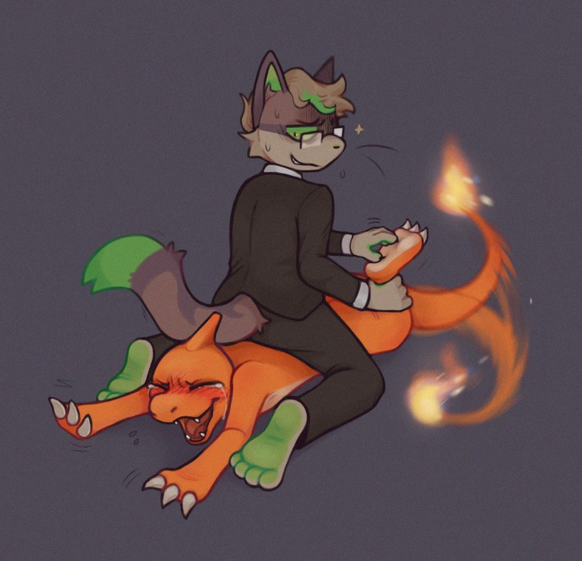 anthro blush bodily_fluids claws clothed clothing crying_laughing duo eyewear feet fire flaming_tail glasses grey_background laugh male male/male paws simple_background smile smirk suit tail tears tickling tickling_feet breadysart nintendo pokemon diesel_(dieselchar) starpaw_(breadyslab) charmeleon domestic_cat felid feline felis generation_1_pokemon mammal pokemon_(species) reptile scalie trans_(lore) trans_man_(lore)