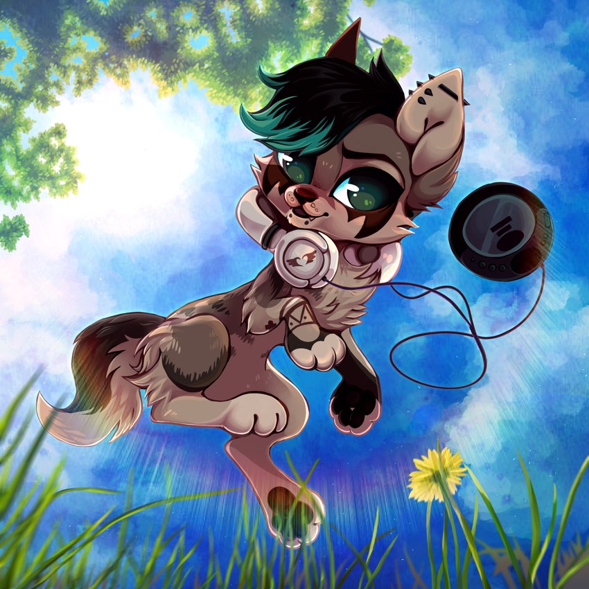 adolescent ambiguous_gender brown_body brown_fur chibi detailed_background digitigrade ear_piercing electronics feet feral feral_with_hair flower fur grass green_eyes green_hair hair headphones headphones_around_neck nature outside pawpads paws piercing plant portable_music_player solo tail young young_ambiguous young_feral arkay9 walkman avian_(arkay9) canid canine mammal 1:1 2022 digital_media_(artwork) digital_painting_(artwork) hi_res shaded