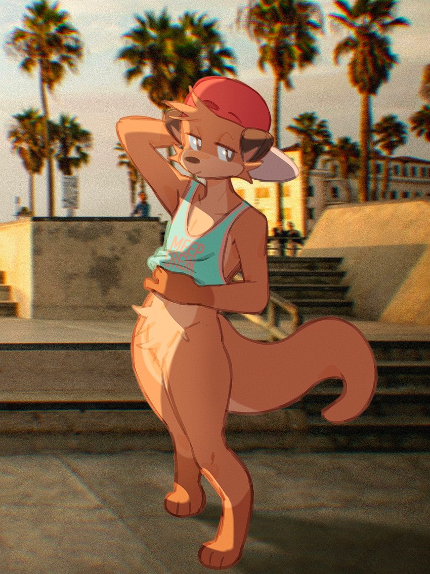 anthro backwards_hat bottomless brown_ears brown_eyes clothed clothing clothing_lift fur hand_on_belly hat headgear headwear male palm_tree plant raised_clothing raised_shirt raised_topwear real red_clothing red_hat red_headwear shirt shirt_lift sidewalk solo tan_body tan_fur tank_top text topwear tree imkrisyim vtuber chester_the_otter mammal mustelid otter english_text hi_res