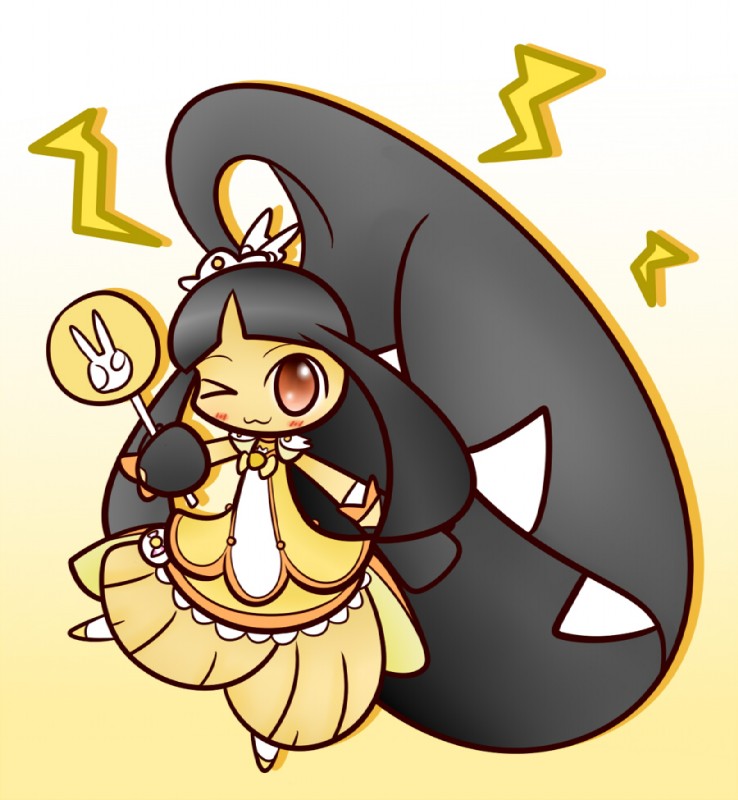 :3 black_hair clothing dress female hair hair_mouth magical_girl_outfit magical_girl_wand one_eye_closed red_eyes solo teeth wand wink concave_(artist) nintendo pokemon generation_3_pokemon mawile pokemon_(species)