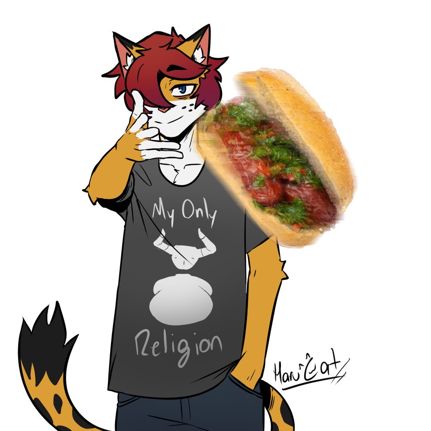 anthro burger clothing food fur hair male print_clothing print_shirt print_t-shirt print_topwear red_hair shirt solo t-shirt throwing_object topwear yellow_body yellow_fur harucat eminem_throw woe_plague_be_upon_ye harucat_(harucat) felid feline mammal 1:1 hi_res meme