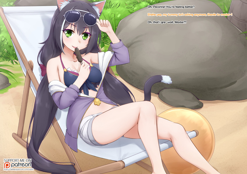 black_body black_fur black_hair blush breasts cleavage clothed clothing dialogue eyewear female food fur glistening glistening_eyes green_eyes hair inner_ear_fluff long_hair looking_at_viewer popsicle simple_background sitting small_breasts solo sunglasses swimwear text tuft vahn_yourdoom cygames princess_connect! princess_connect!_re:dive karyl_(princess_connect!) animal_humanoid cat_humanoid felid felid_humanoid feline feline_humanoid humanoid mammal mammal_humanoid alternate_version_at_source english_text