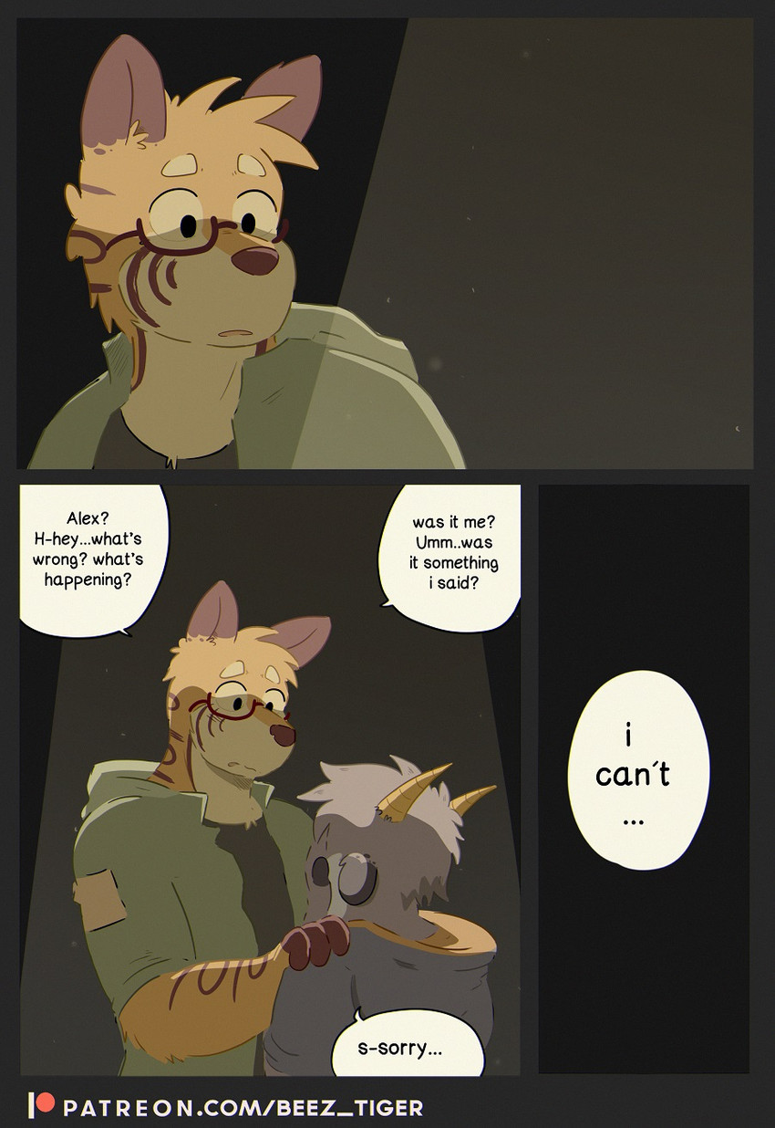 anthro clothing dialogue duo eyewear glasses horn male outside patreon_logo speech_bubble spotlight standing text beez patreon alex_(beez) robby_(beez) bovid caprine goat mammal 2020 comic english_text hi_res signature url