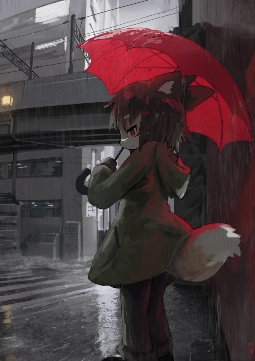 ambiguous_gender anthro biped black_bottomwear black_clothing black_nose black_pants bottomwear bridge brown_clothing brown_coat brown_ears brown_hair brown_topwear building city city_background clothed clothing coat crosswalk day detailed_background dipstick_tail fully_clothed fur hair holding_object holding_umbrella kemono markings modern_architecture monotone_hair multicolored_body multicolored_fur multicolored_tail outside pants power_lines raincoat raining red_eyes red_umbrella reflection short_hair side_view sky solo standing street street_lamp tail tail_markings topwear two_tone_body two_tone_fur two_tone_tail umbrella urban white_body white_fur white_inner_ear white_tail white_tail_tip window yellow_body yellow_fur yellow_tail young young_anthro actworks1970 canid canine fox mammal 2022 absurd_res colored digital_media_(artwork) full-length_portrait hi_res portrait shaded