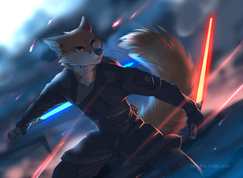 anthro blue_lightsaber clothed clothing dual_wielding fighting_pose fur holding_lightsaber holding_melee_weapon holding_object holding_weapon lightsaber male melee_weapon orange_body orange_fur pose red_lightsaber reverse_grip solo standing weapon white_body white_fur koul star_wars scott_(scottthefox94) canid canine fox mammal 2020 digital_media_(artwork)