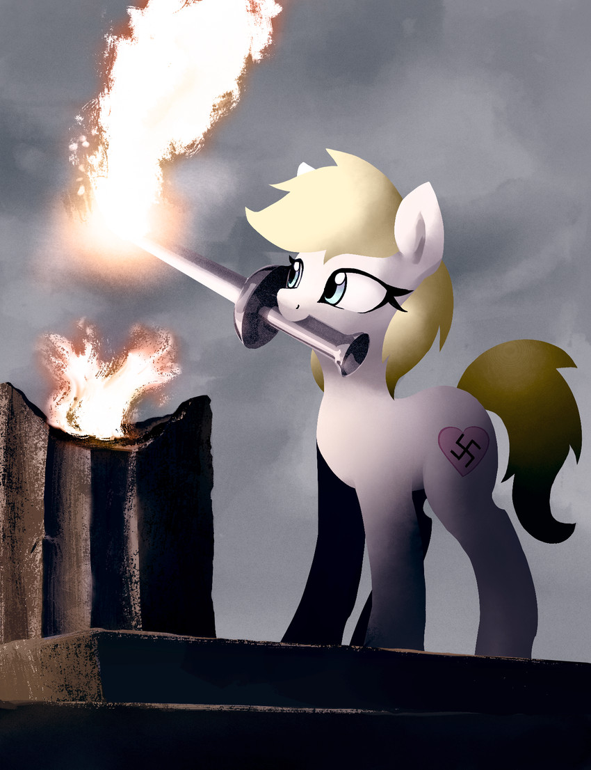 blonde_hair blue_eyes column female fire hair heart_symbol mouth_hold nazi object_in_mouth solo swastika torch torch_in_mouth anonymous_artist hasbro my_little_pony olympics aryanne_(character) fan_character equid equine horse mammal pony hi_res