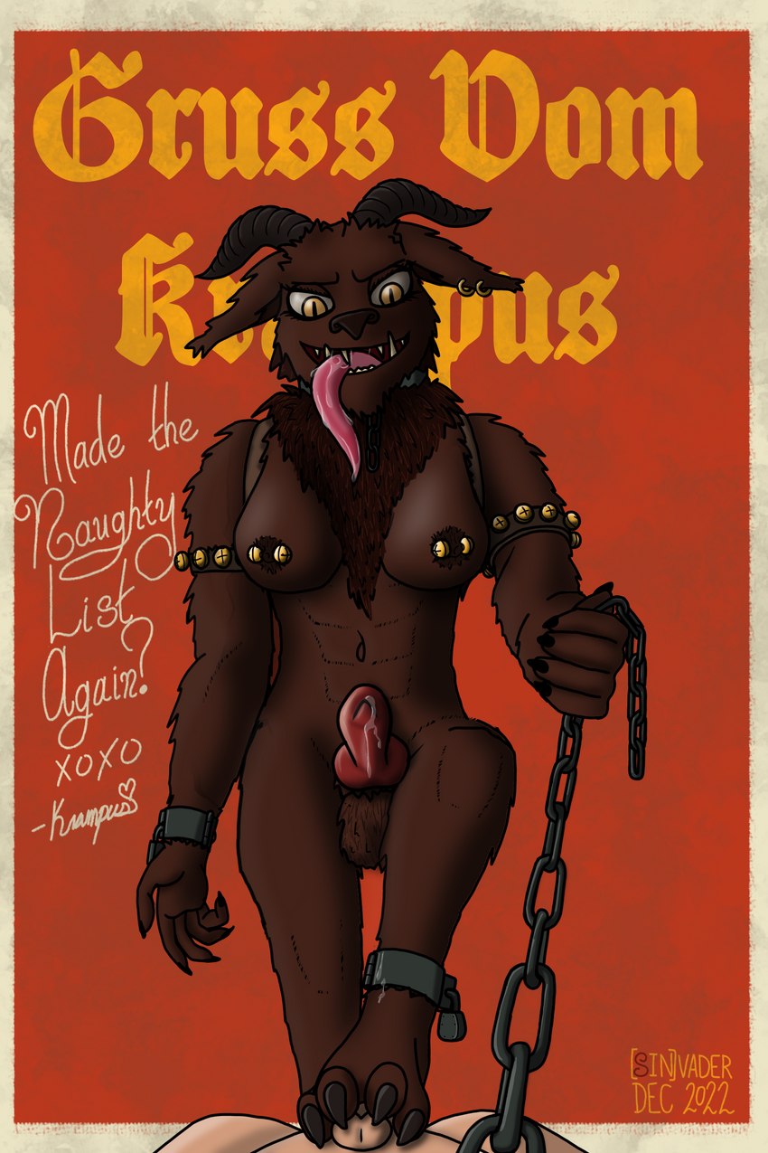 animal_genitalia animal_penis anthro armband balls bell bell_piercing black_horn black_nose bodily_fluids bovid_horn breasts brown_body brown_fur canine_genitalia canine_penis caprine_horn card card_template chain chain_leash chest_tuft christmas_card collar cuff_(restraint) dominant dominant_gynomorph dominant_intersex duo ear_piercing ear_tuft erection fangs feet first_person_view fluffy_balls fluffy_ears foot_fetish foot_on_penis foot_play footjob fur genital_fluids genitals goat_horn gynomorph gynomorph/male holidays horn human_on_anthro humanoid_genitalia humanoid_penis inner_ear_fluff intersex intersex/male interspecies jingle_bell jingle_bell_armband knot leaking_precum leash leash_pull leashed_pov lock long_tongue looking_at_viewer looking_down male muscular muscular_gynomorph muscular_intersex nipple_piercing nipples nude padlock penis piercing precum pupils red_background restraints saliva saliva_on_tongue saliva_string sex shackles sharp_teeth simple_background slit_pupils submissive submissive_male submissive_pov teeth text tongue tongue_out tuft yellow_eyes [in]vader christmas krampus bovid caprine caprine_demon demon goat goat_demon human humanoid mammal 2022 2:3 absurd_res handwritten_text hi_res