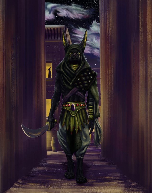 africa anthro architecture armor big_ears biped black_body black_fur black_nose city city_background claws clothed clothing detailed_background egyptian egyptian_architecture egyptian_clothing feet fur gem holding_melee_weapon holding_object holding_sword holding_weapon hood jewelry looking_at_viewer male melee_weapon night nipples paws rogue scimitar shendyt sky solo standing star starry_sky sword text toes walking warrior weapon yellow_eyes tall_lizzard_(artist) anubian_jackal canid canine canis jackal mammal 2018 absurd_res digital_drawing_(artwork) digital_media_(artwork) english_text full-length_portrait hi_res portrait