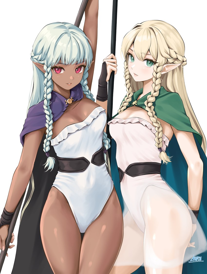 black_cape black_clothing blonde_hair blue_cape blue_clothing braided_hair breasts brown_body brown_inner_ear brown_skin cape cleavage clothed clothing dress duo female green_cape green_clothing green_eyes grey_hair hair hand_behind_back holding_object holding_weapon humanoid_pointy_ears leotard medium_breasts not_furry pointy_ears pupils purple_cape purple_clothing red_eyes tan_body tan_skin translucent translucent_clothing translucent_dress weapon white_clothing white_dress white_hair white_leotard chaesu unicorn_overlord vanillaware eltolinde_(unicorn_overlord) rosalinde_(unicorn_overlord) elf humanoid 2024 hi_res sibling_(lore) sister_(lore) sisters_(lore) twins_(lore)