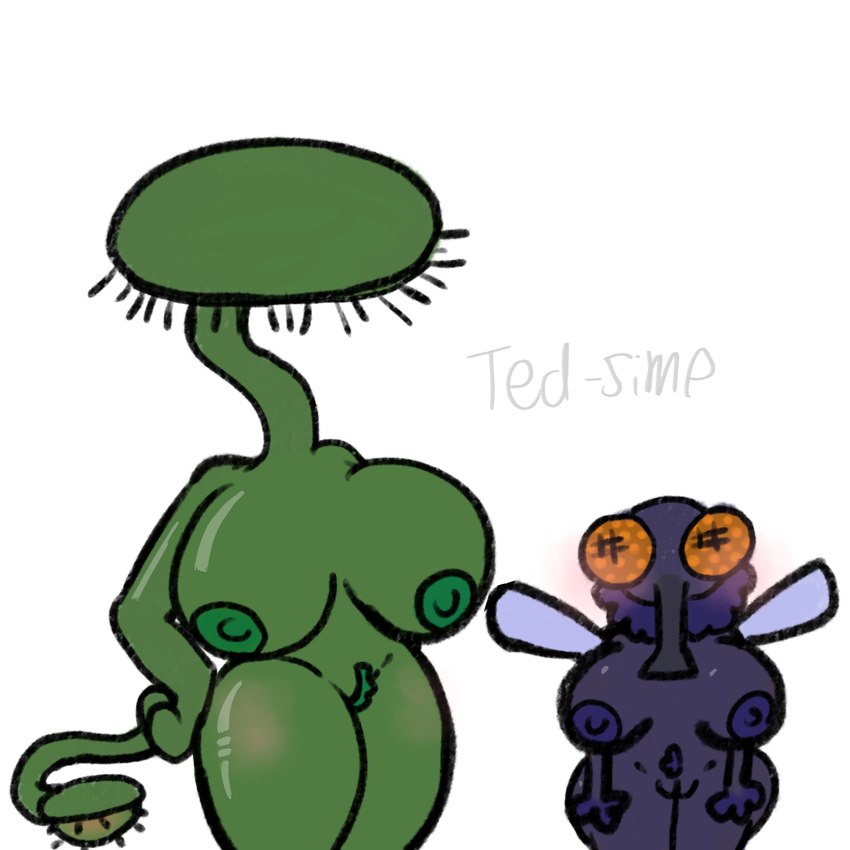 anthro big_breasts big_female black_body blush breasts carnivorous_plant duo female green_body huge_breasts looking_up_at_another neck_tuft plant size_difference smaller_female tuft venus_flytrap wings ted-simp arthropod fly_(animal) humanoid insect 1:1 hi_res